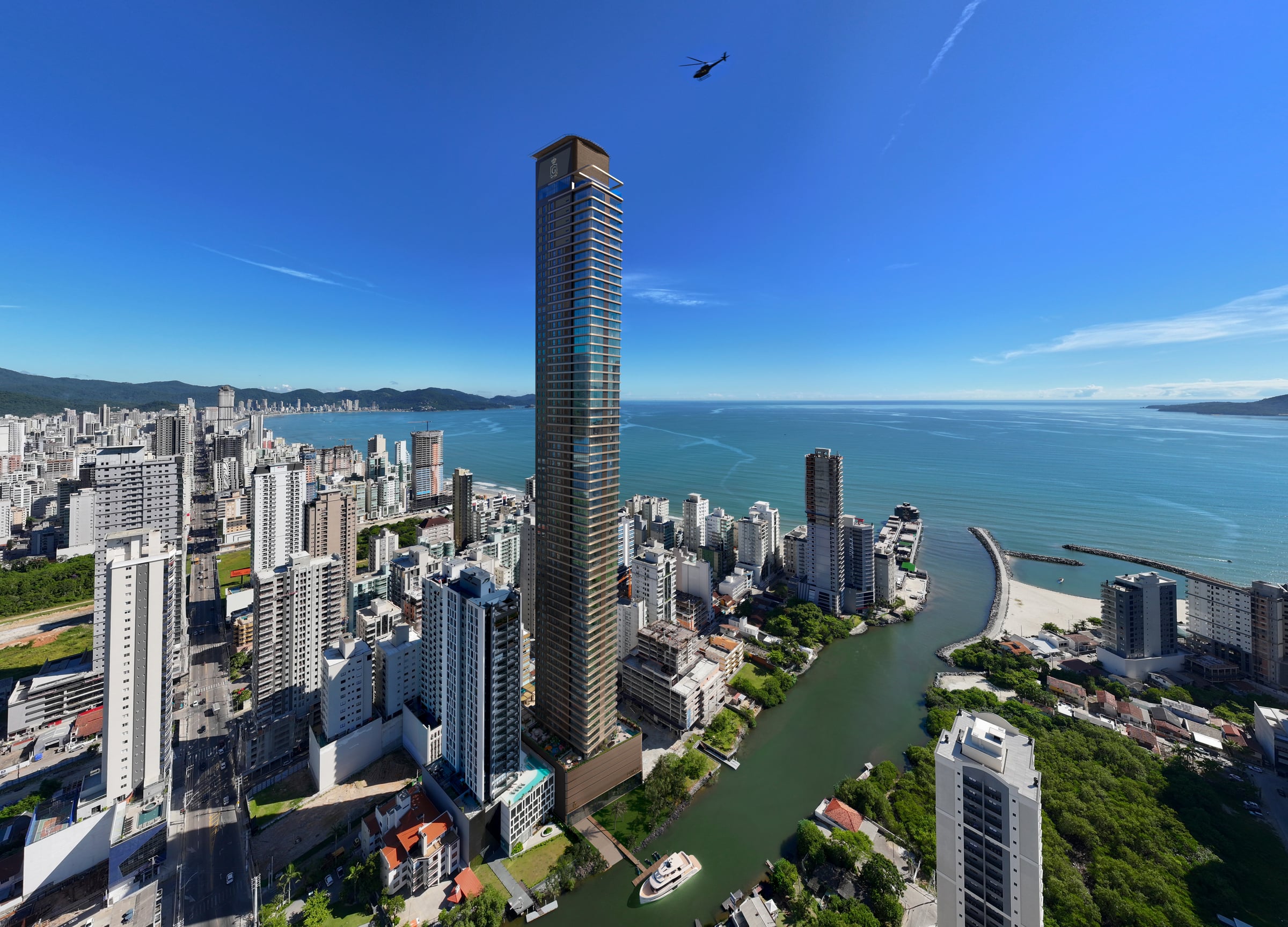 Vista aérea do Charles II Royal Home entre a cidade, o Rio Pereque e o oceano